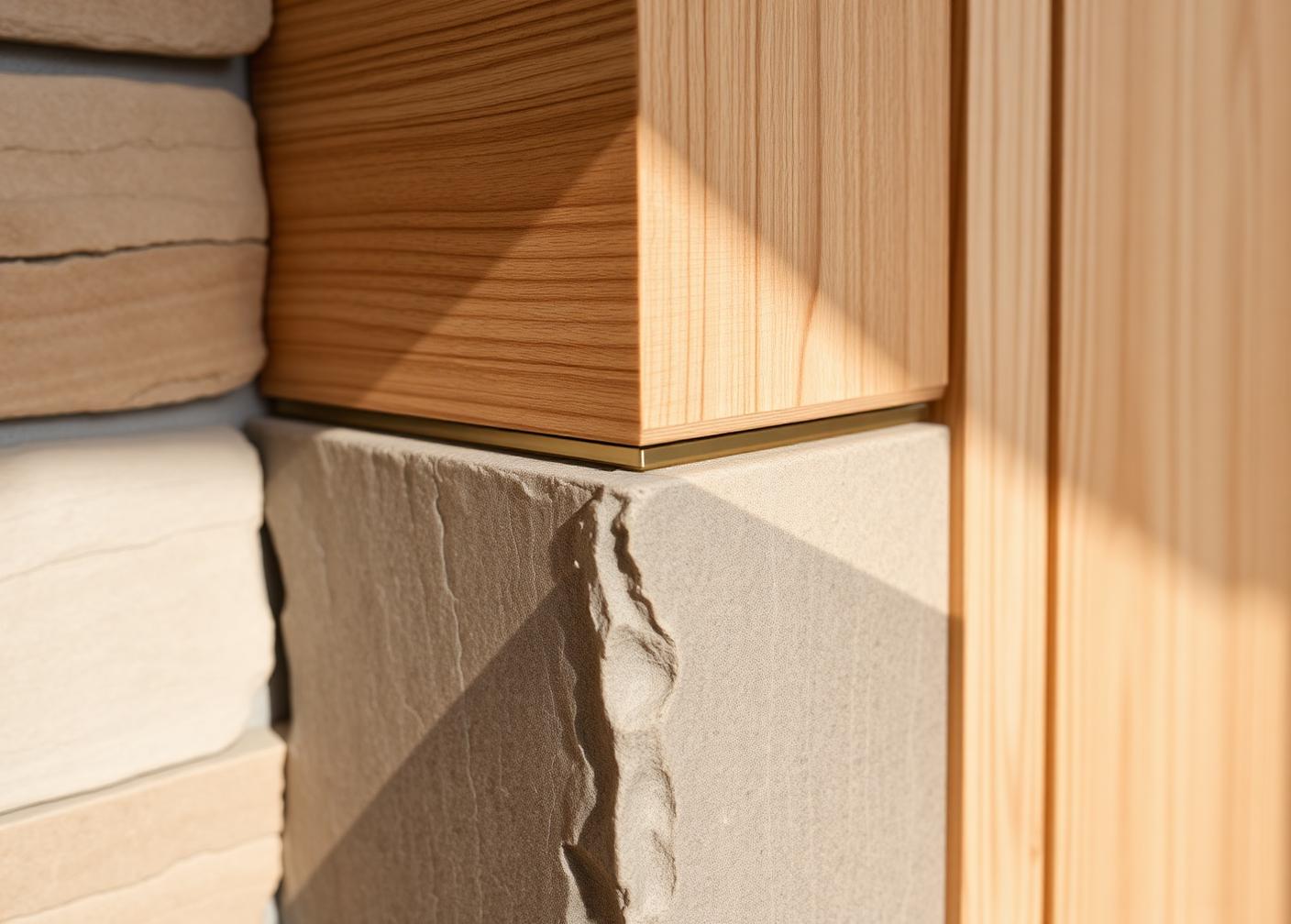 Detail of stone, oak joinery and a slim bronze shadow gap