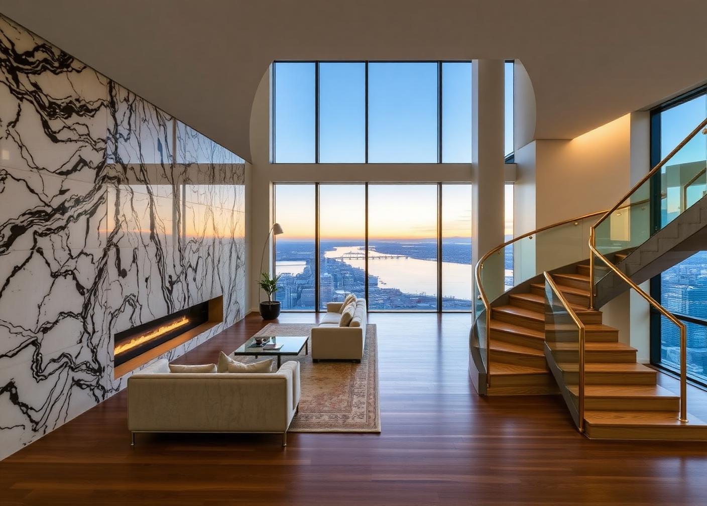 Penthouse living space with book-matched stone wall, bronze detailing and a wide city and water view
