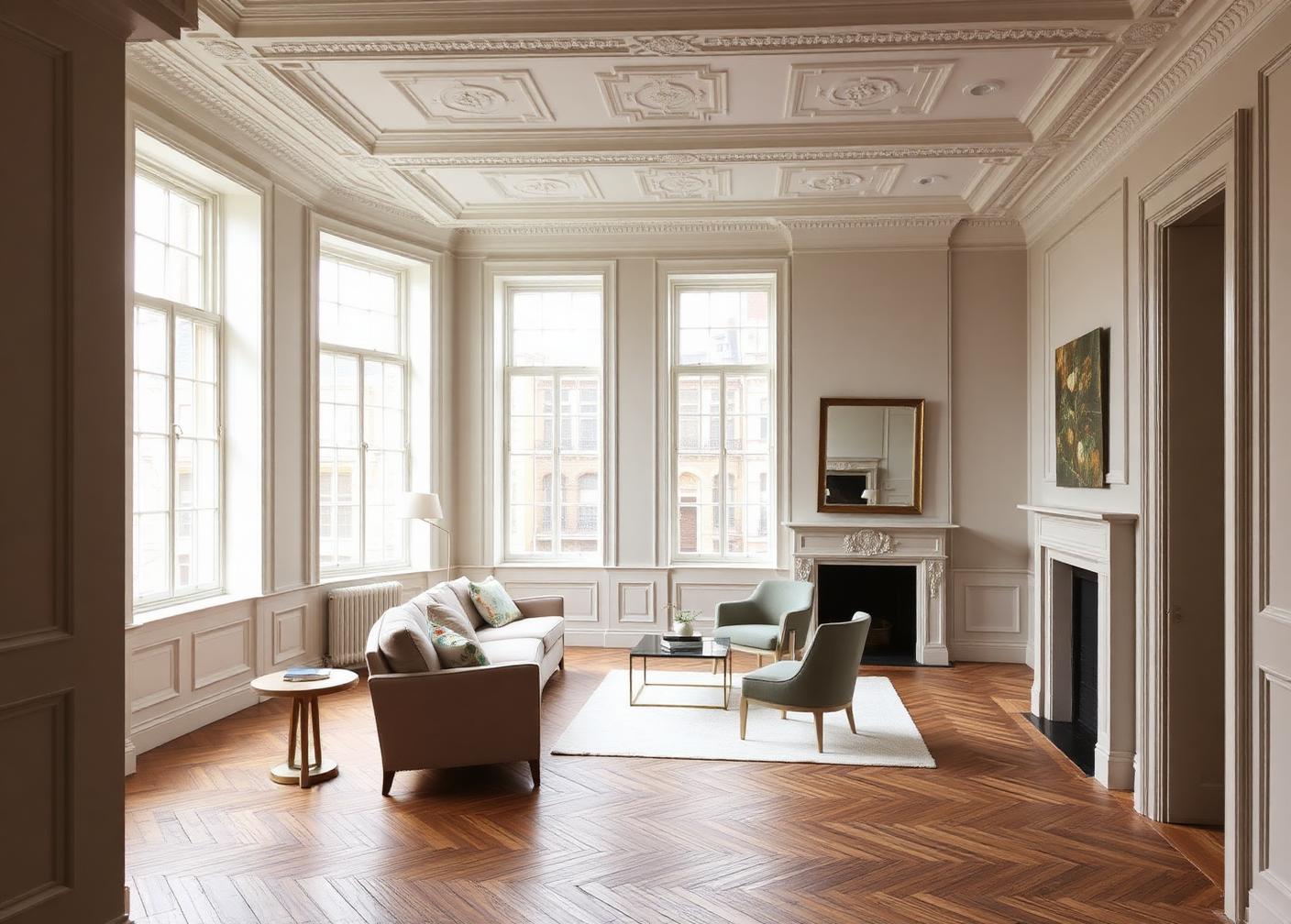 Renovated period living room with retained cornice, herringbone timber floor and new contemporary joinery