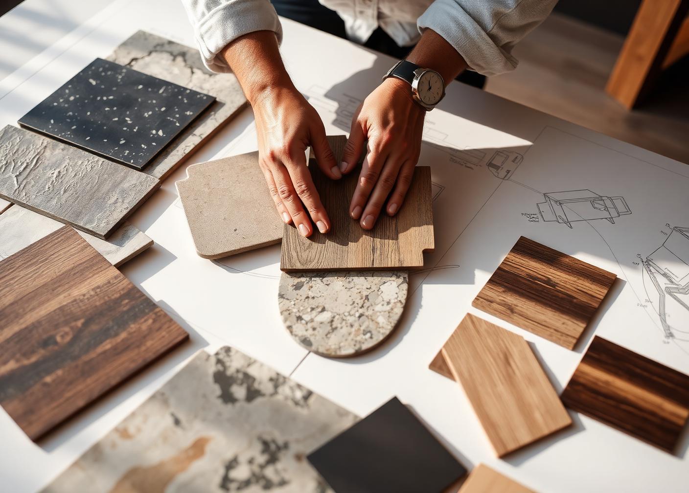 Stone, timber and metal samples being selected against drawings