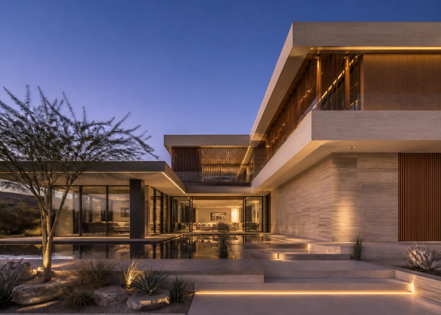 Contemporary luxury villa at dusk with limestone cladding, timber screens and a lit glazed living space