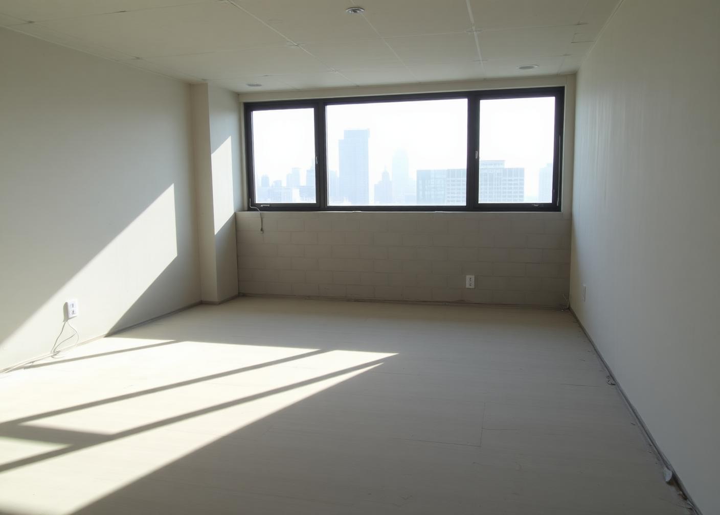 Empty white box apartment shell with bare floor, blockwork walls and full-height window before fit-out