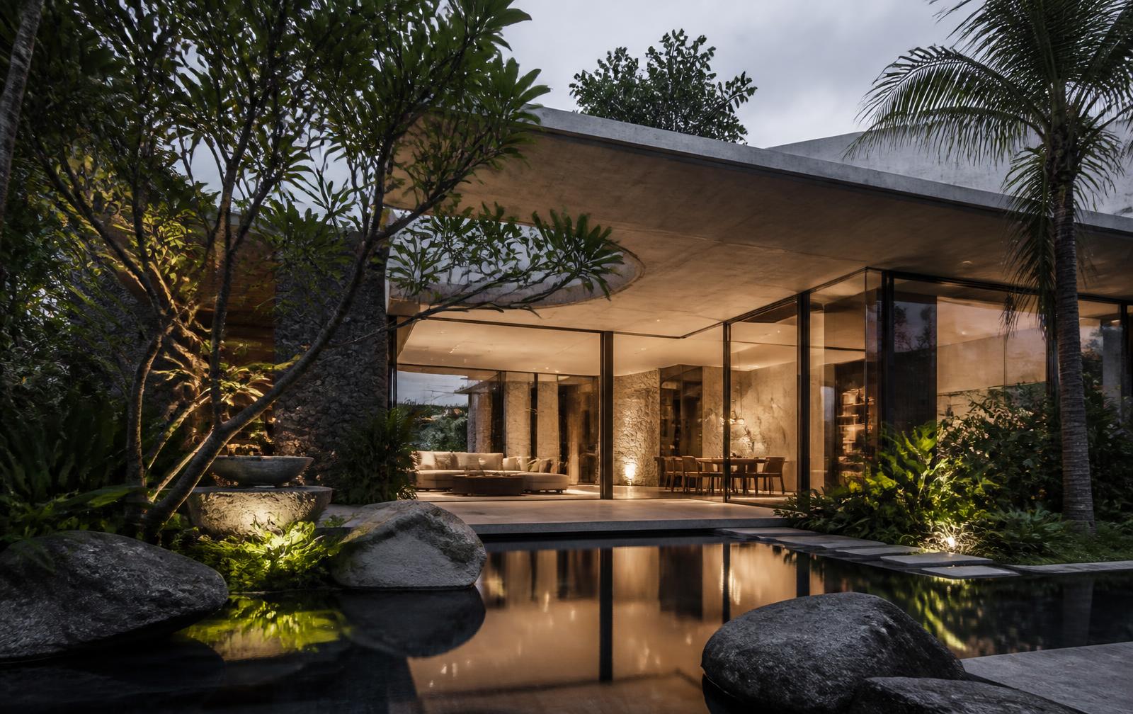 Design-led tropical villa with sculptural concrete overhang, stone walls and a dark reflective pool