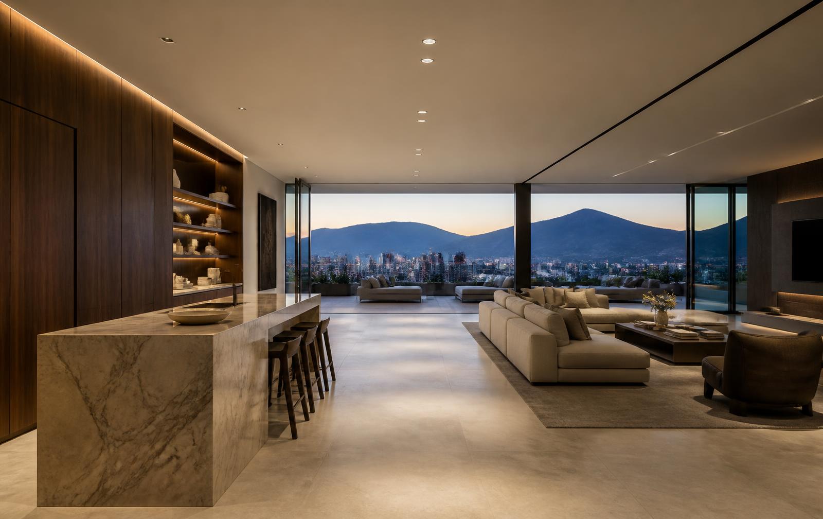 Whole-floor penthouse living space with panoramic glazing, stone island and walnut joinery