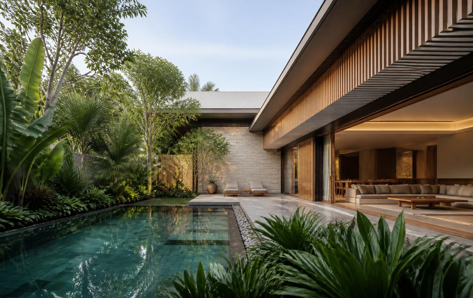 Contemporary tropical villa in Vietnam with stone walls, timber louvres, pool and open living pavilion