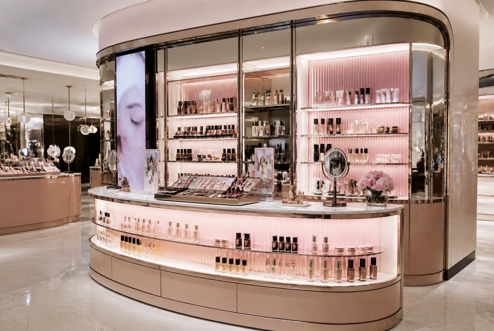Cosmetics retail corner with curved lacquer gondola, backlit shelving and mirrored panels
