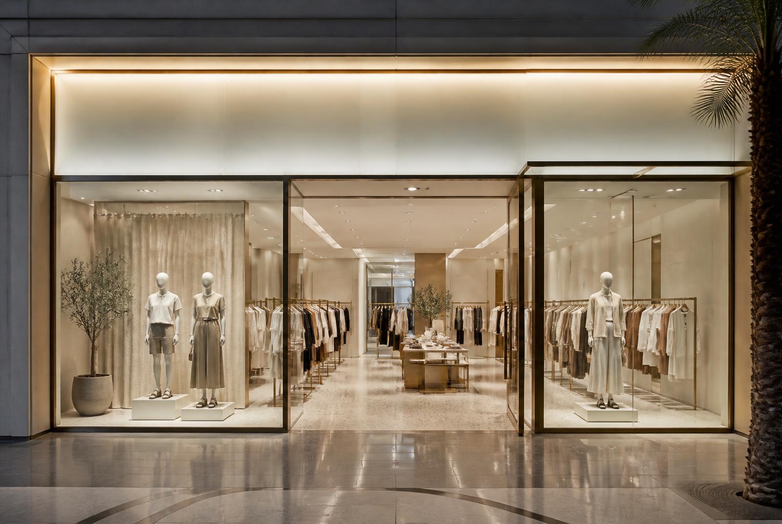 Fashion store frontage in a Middle East mall with illuminated fascia, glazed vitrines and brass display rails