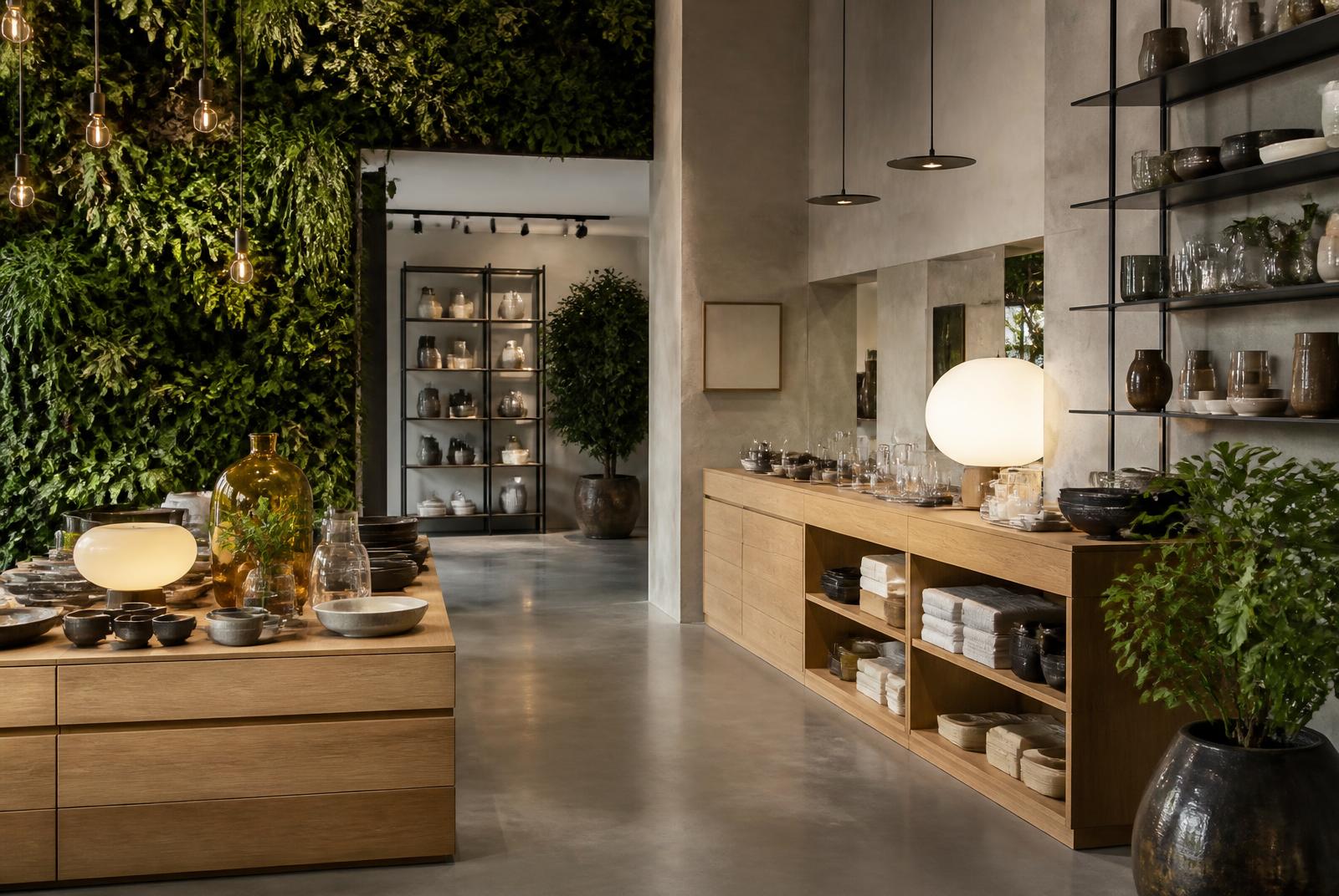 Design-led lifestyle store in Italy with living green wall, oak fixtures and blackened steel shelving