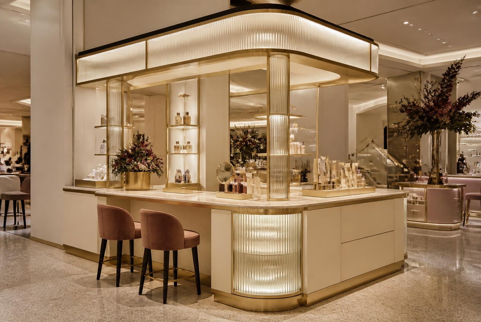 Beauty concession in a British department store with fluted glass, brass frame and marble consultation counter