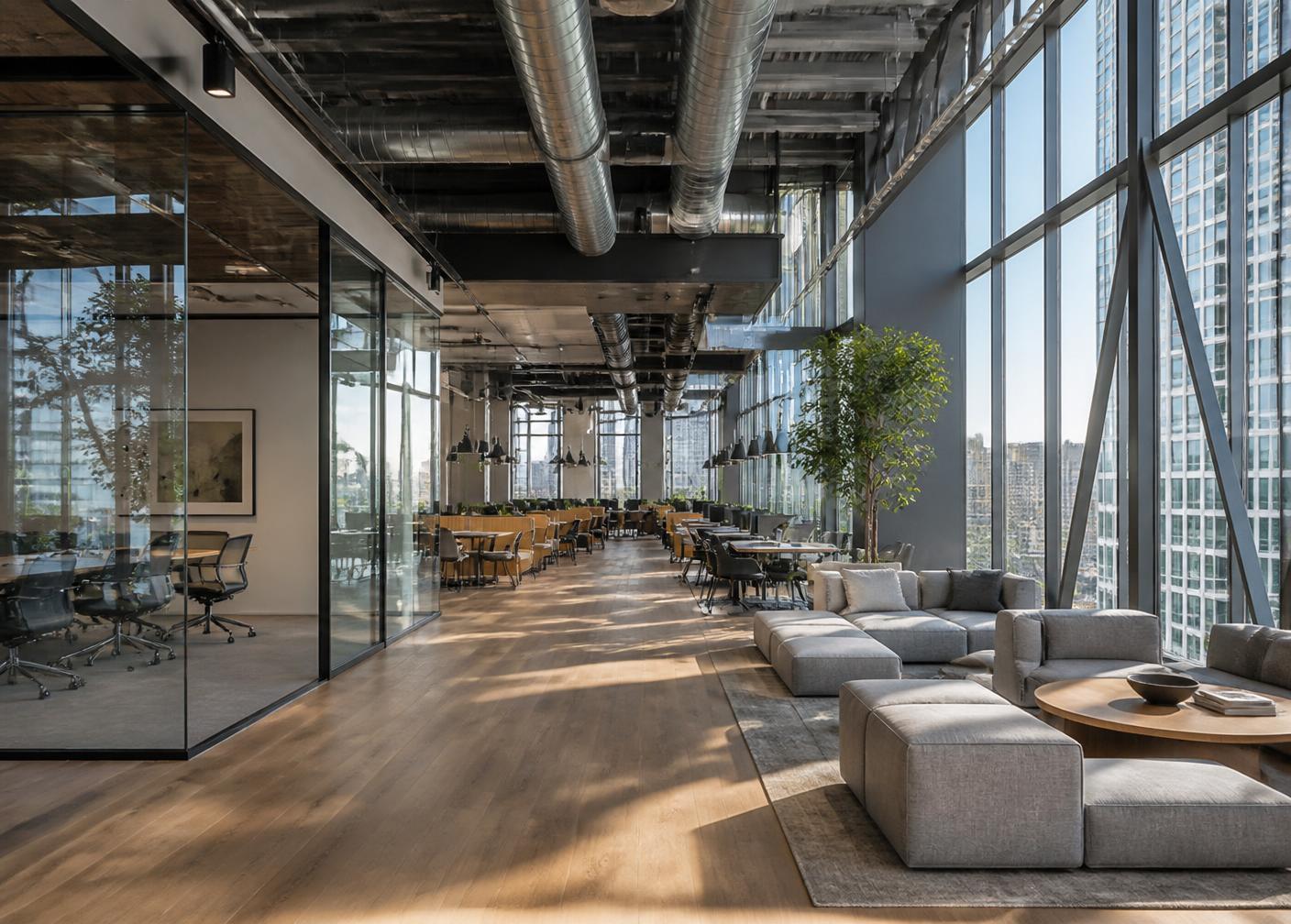 Workplace interior with exposed services and full height glazing