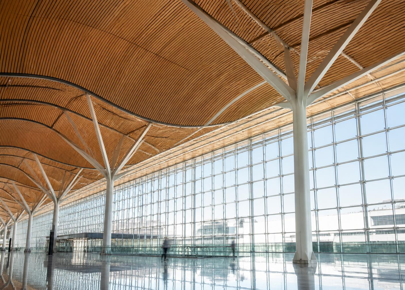 Airport terminal interior with curved timber ceiling and glazed facade