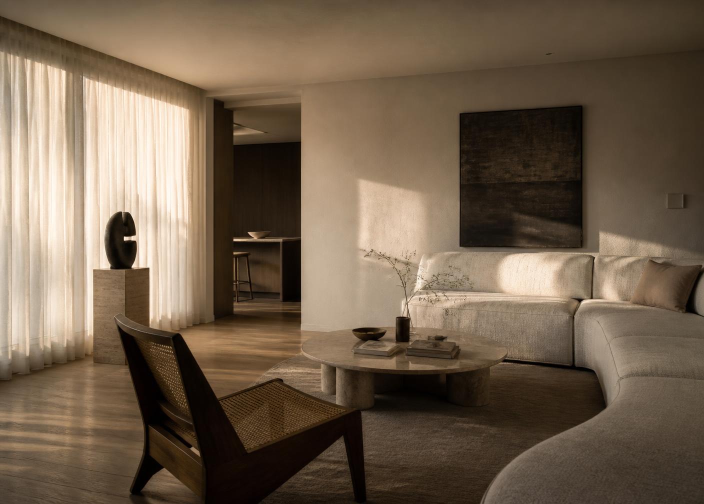 Warm private residence living space with plaster walls and sheer curtains