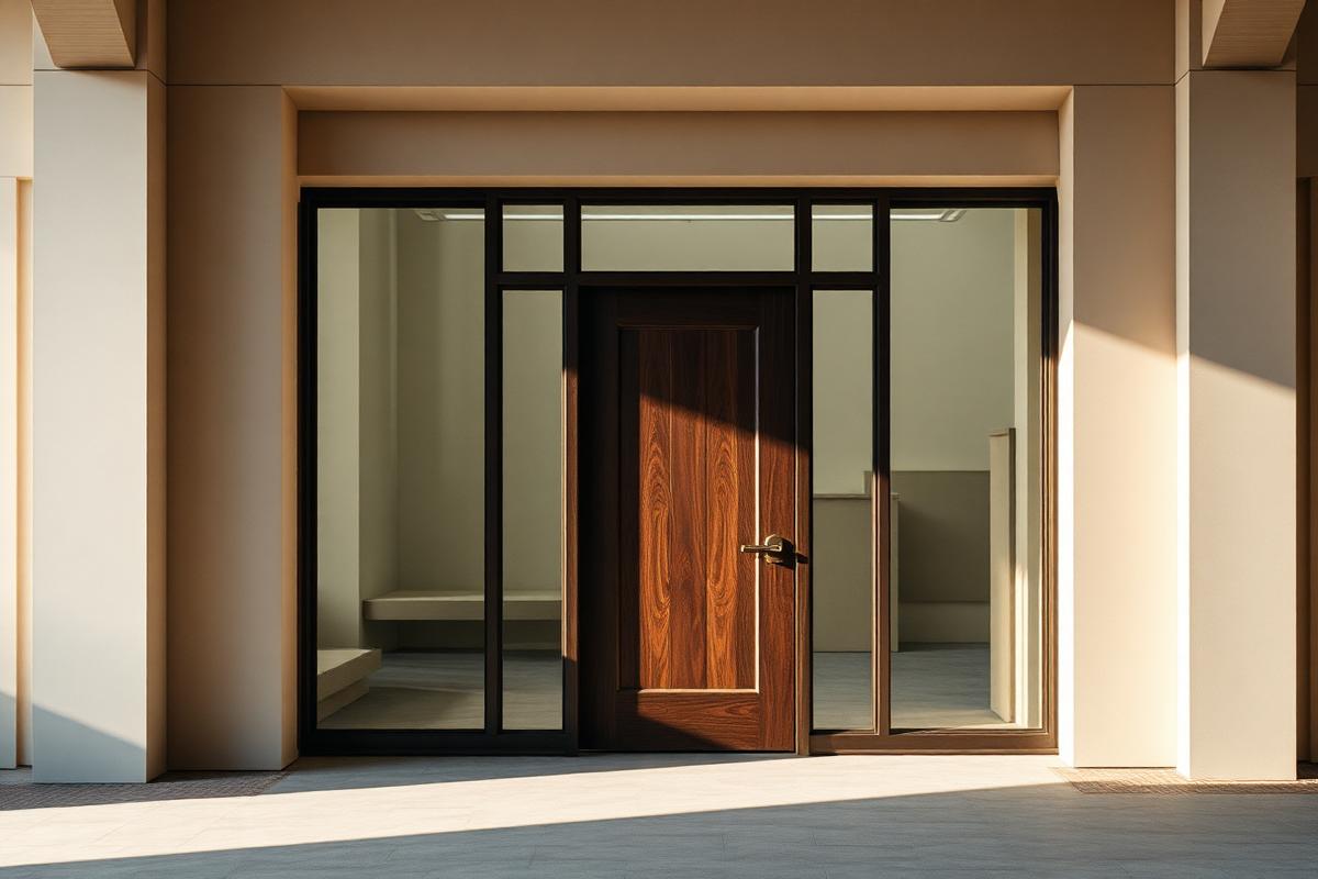 Resolved timber entrance doors within a completed architectural setting